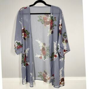 Sheer Kimono, Size Large, Steel Blue Rose Print, Lightweight Layer, Oversized